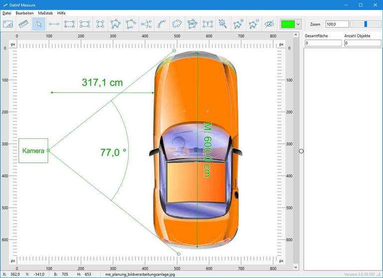 Screenshot Datinf Measure mit einer Fahrzeug-Zeichnung
