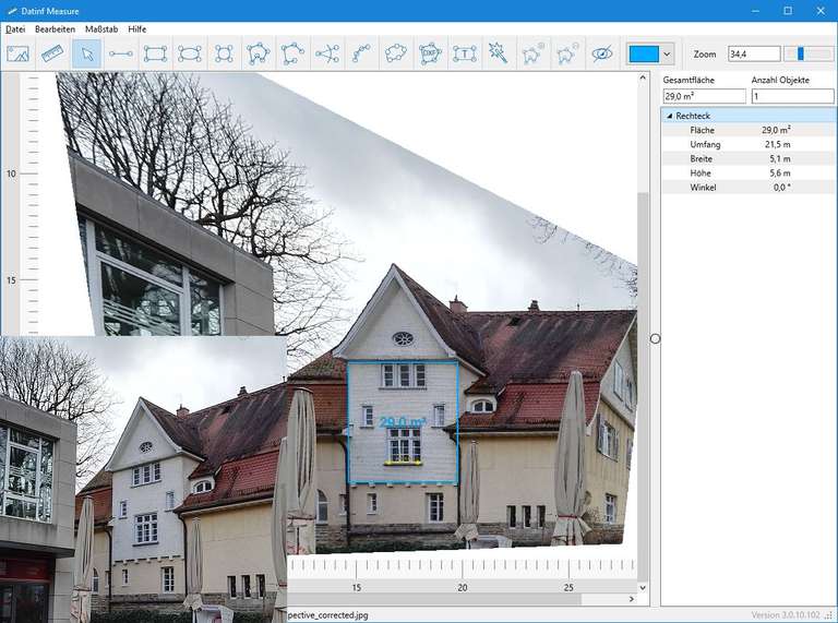 Screenshot Datinf Measure mit einer Verzerrten und entzerrten Häusefassade