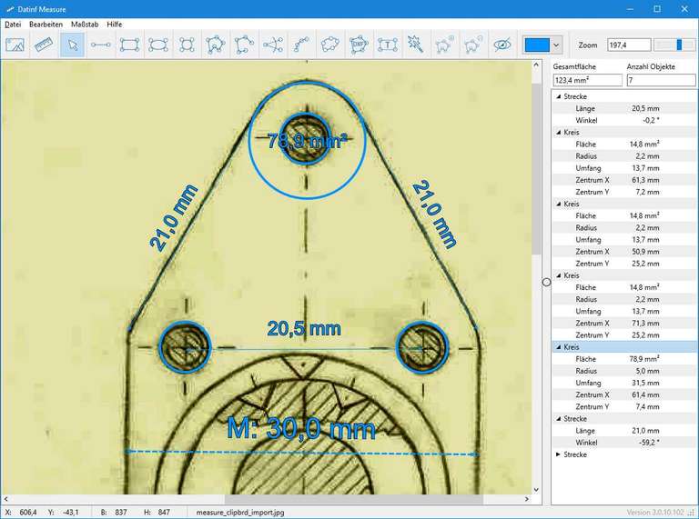 Screenshot Datinf Measure mit technischer Zeichnung eines Spannschlosses