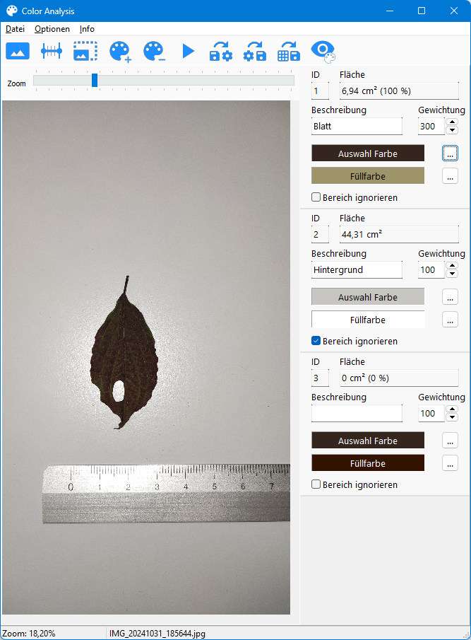 Screenshot: Braunes Blatt mit Analysefarbe