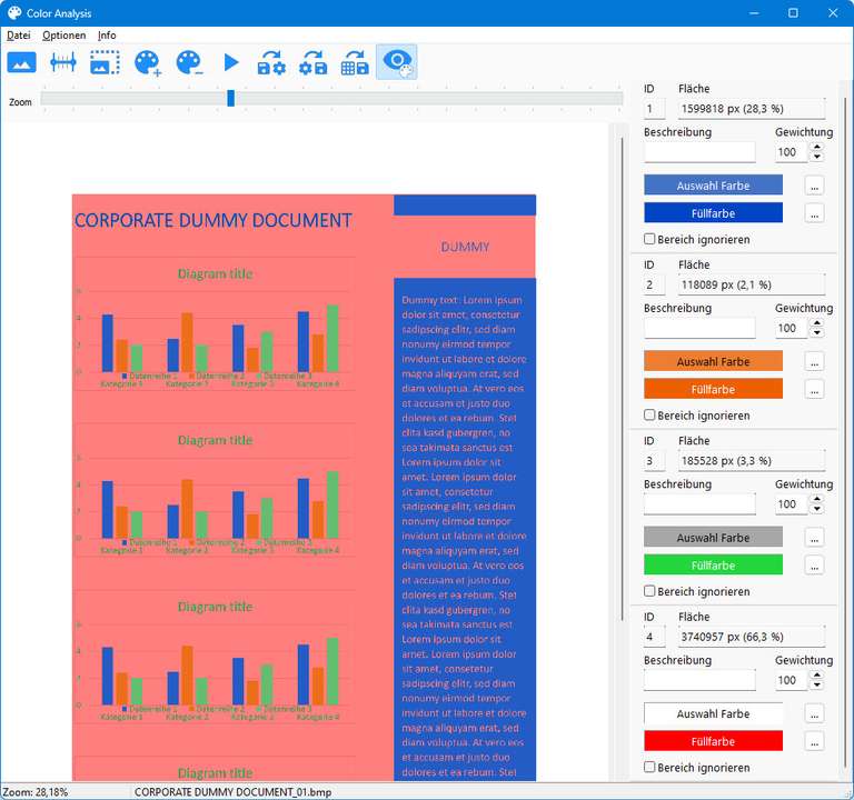 Screenshot: Dummy-Dokument (farbmarkiert), reduzuerter Analysebereich